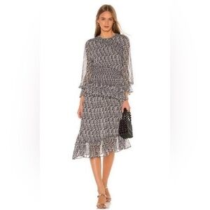 MISA Los Angeles Sophia Asymmetrical Ruffle Smocked Midi Dress, Size XS